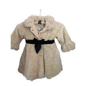 American Widgeon Faux Fur Coat Girls 3T Ivory w/ Black Bow Mid Length